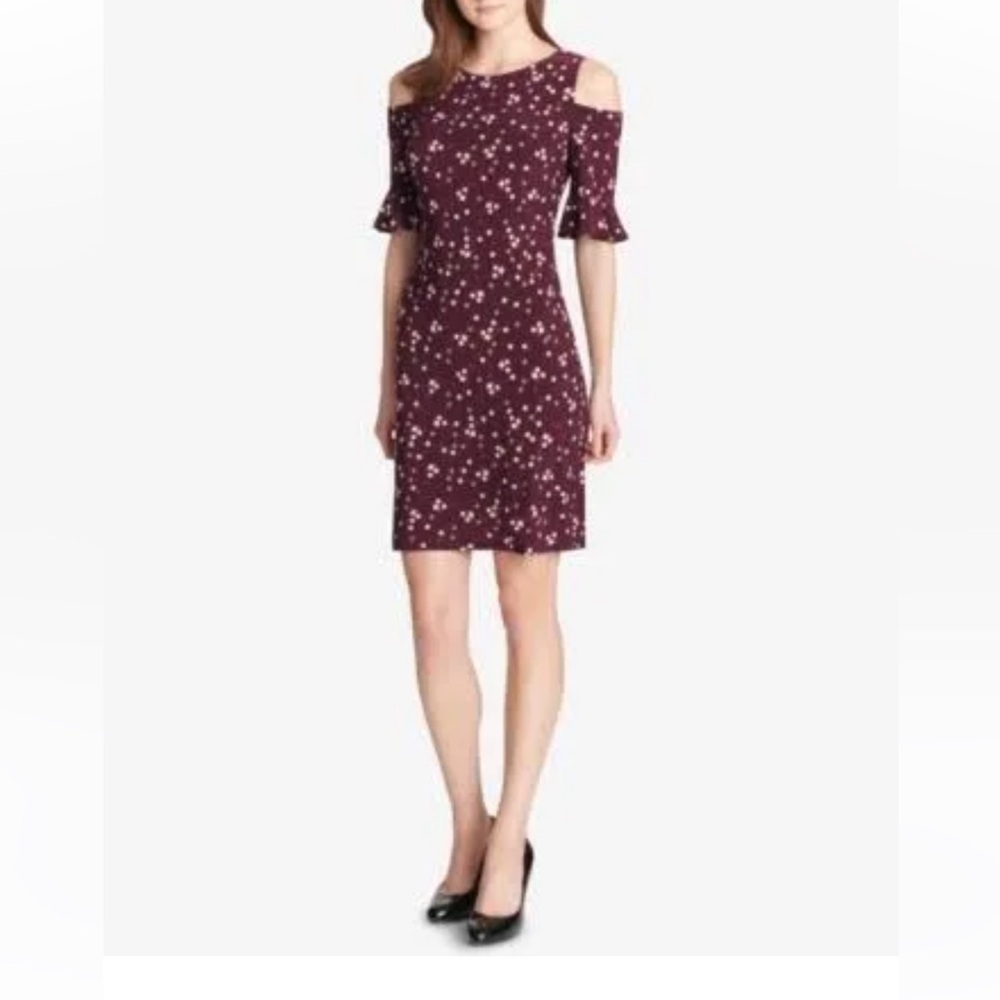 NWOT Tommy Hilfiger Women's Cold-Shoulder A-Line Dress Aubergine Multi size 4
